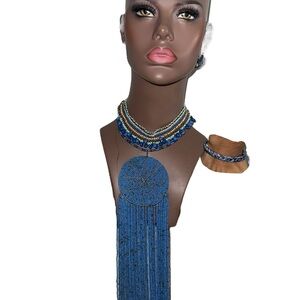 Blue Beaded Necklace and Bracelet Set